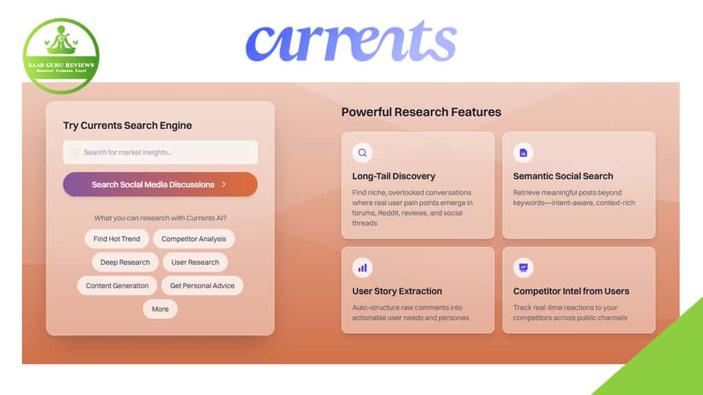 Screenshot of the Currents AI platform homepage showcasing digital age research features like long-tail discovery, semantic social search, user story extraction, and competitor intel from users.