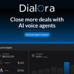 Screenshot of the Dialora AI website showing a tagline about AI Voice Agents increasing sales, a "Hear the Agent in Action" button, and a dashboard with savings statistics.