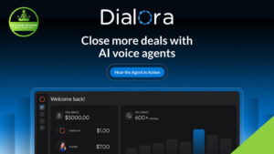 Screenshot of the Dialora AI website showing a tagline about AI Voice Agents increasing sales, a "Hear the Agent in Action" button, and a dashboard with savings statistics.