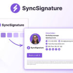 A digital business card for Olivia Bolton, Marketing Manager at SyncSignature, displaying contact details, a "Book a call" button, and branded email signatures. SyncSignature logo and branding are featured. Explore the SyncSignature Lifetime Deal.