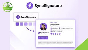 A digital business card for Olivia Bolton, Marketing Manager at SyncSignature, displaying contact details, a "Book a call" button, and branded email signatures. SyncSignature logo and branding are featured. Explore the SyncSignature Lifetime Deal.