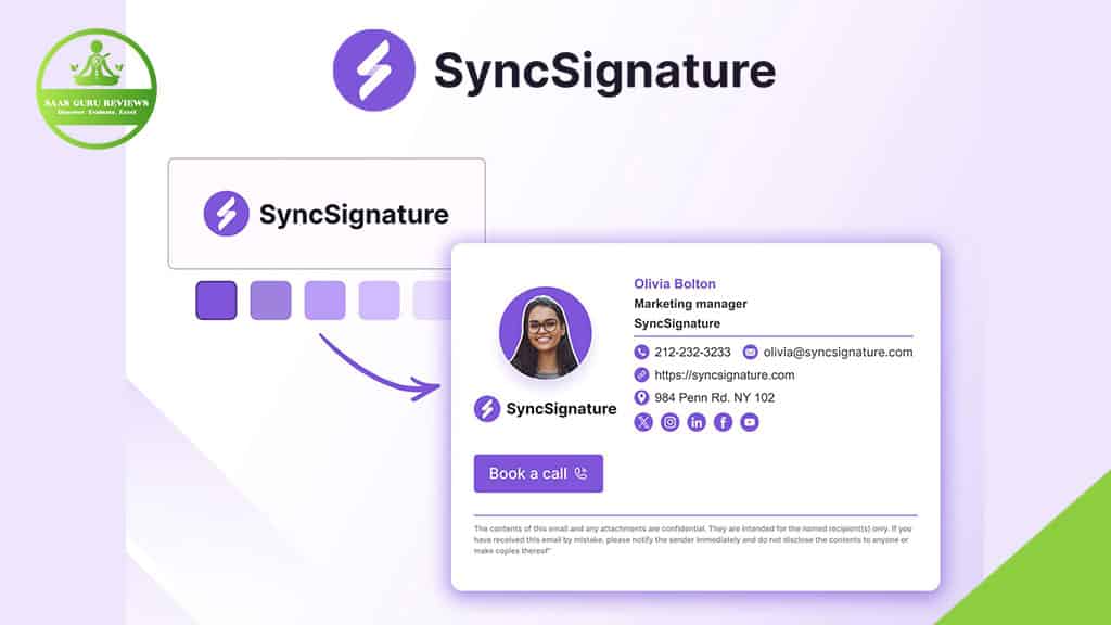 A digital business card for Olivia Bolton, Marketing Manager at SyncSignature, displaying contact details, a "Book a call" button, and branded email signatures. SyncSignature logo and branding are featured. Explore the SyncSignature Lifetime Deal.