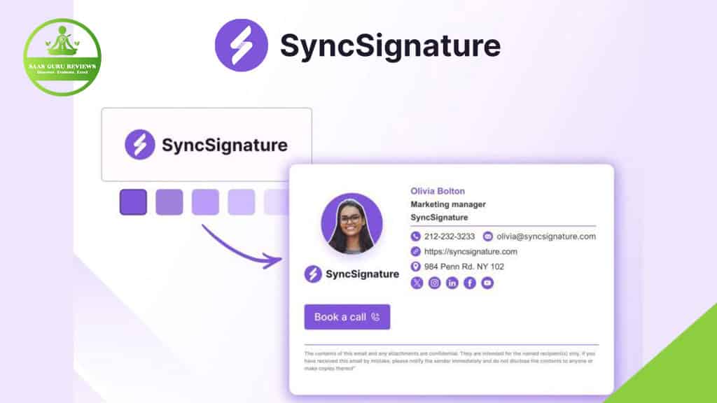 A digital graphic featuring the SyncSignature logo, branding, and a sample branded email signature with contact details and a profile photo—perfect for showcasing your business with SyncSignature’s lifetime deal.