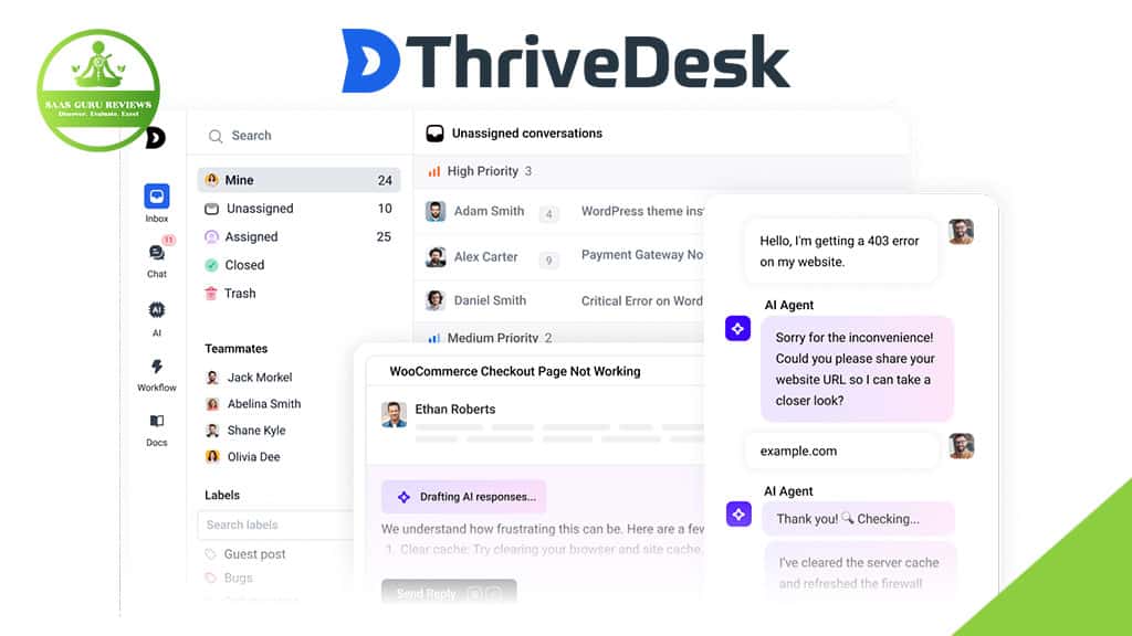 Screenshot of the ThriveDesk dashboard displaying conversation lists, assigned team members, and AI-powered live chat responses for efficient customer service software management.