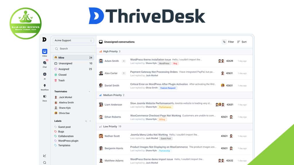 Screenshot of the ThriveDesk 2025 dashboard displaying a list of unassigned customer support conversations, message details, and a sidebar with filter options in this AI-Powered Live Chat Customer Service Software.