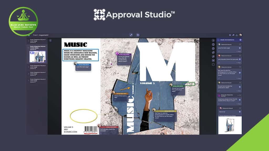 A screenshot of Approval Studio 2025’s interface displays a magazine cover with multiple feedback comments and navigational tools, highlighting its robust design review tool and streamlined approval processes.