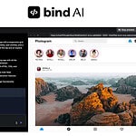 A computer screen displays a code editor on the left and an Instagram-style photo-sharing web app called "Photogram" on the right, featuring a Bind AI logo above and a SWFT Connect digital business card ready to share.