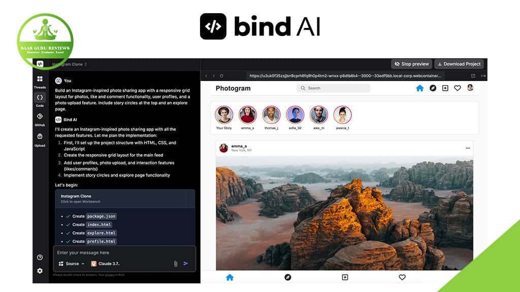 A computer screen displays a code editor on the left and an Instagram-style photo-sharing web app called "Photogram" on the right, featuring a Bind AI logo above and a SWFT Connect digital business card ready to share.