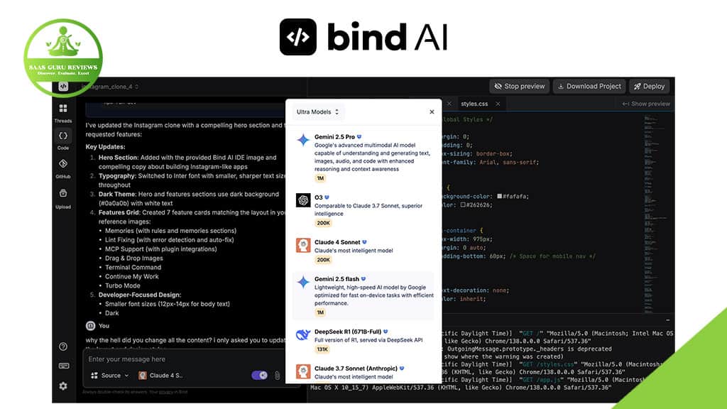 Screenshot of the Bind AI interface displaying code on the right and options for various AI models, such as Gemini and Claude, in a pop-up panel on the left—making it easy to share effortlessly like a digital business card with SWFT Connect integration.