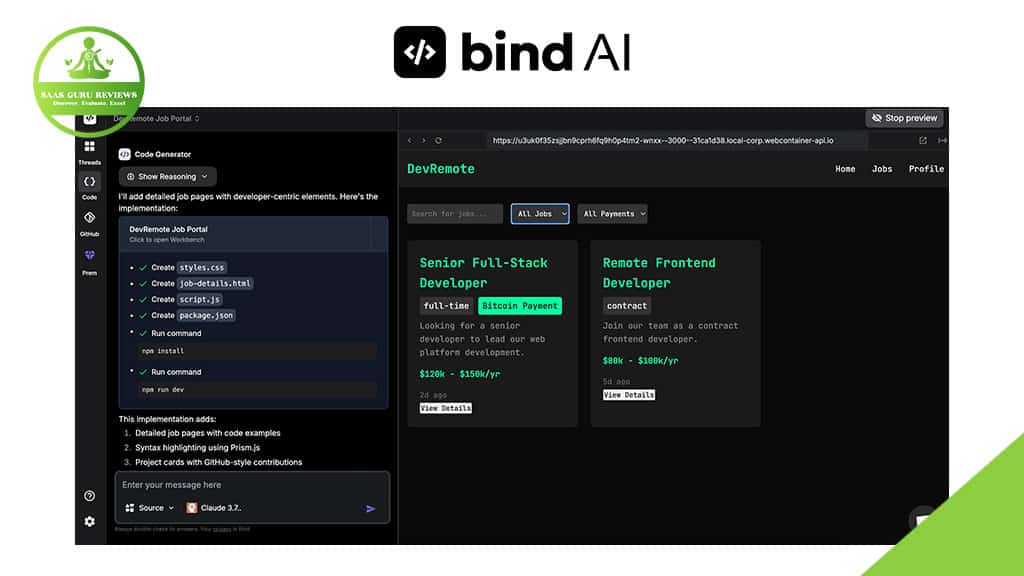 Screenshot of a code generator tool and a job listing interface, with the Bind AI logo and SaaS Guru Reviews badge at the top—perfect for sharing your digital business card or connecting via SWFT Connect.