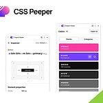 The CSS Peeper Chrome Extension interface displays asset thumbnails, a code inspector for a button element, and a color palette with hex codes; SaaS Guru Reviews logo appears in the top left corner, perfect for inspecting website styles.