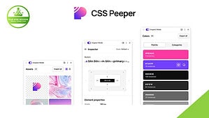 The CSS Peeper Chrome Extension interface displays asset thumbnails, a code inspector for a button element, and a color palette with hex codes; SaaS Guru Reviews logo appears in the top left corner, perfect for inspecting website styles.