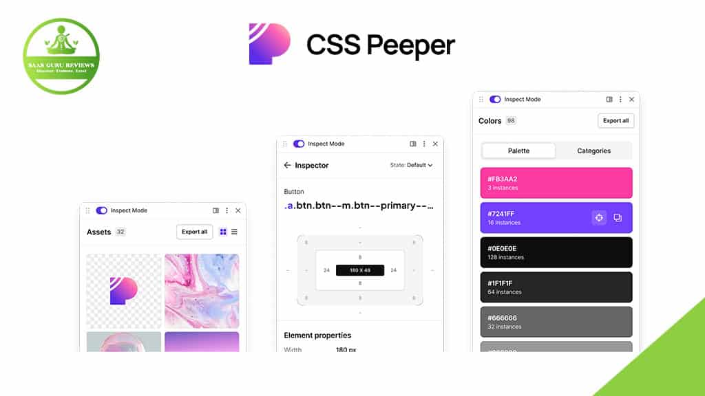 The CSS Peeper Chrome Extension interface displays asset thumbnails, a code inspector for a button element, and a color palette with hex codes; SaaS Guru Reviews logo appears in the top left corner, perfect for inspecting website styles.