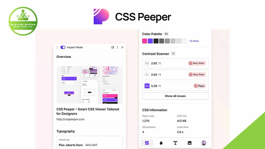 Screenshot of the CSS Peeper Chrome Extension displaying color palettes, contrast scanner results, and CSS information for a web design, with the CSS Peeper logo visible at the top—ideal for easily inspecting website styles.