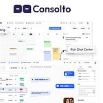 Screenshot of the Consolto platform showing a calendar for scheduling appointments and a chat interface labeled as "Rich Chat Center" for seamless customer interactions, with the SaaS Guru Reviews logo in the corner.