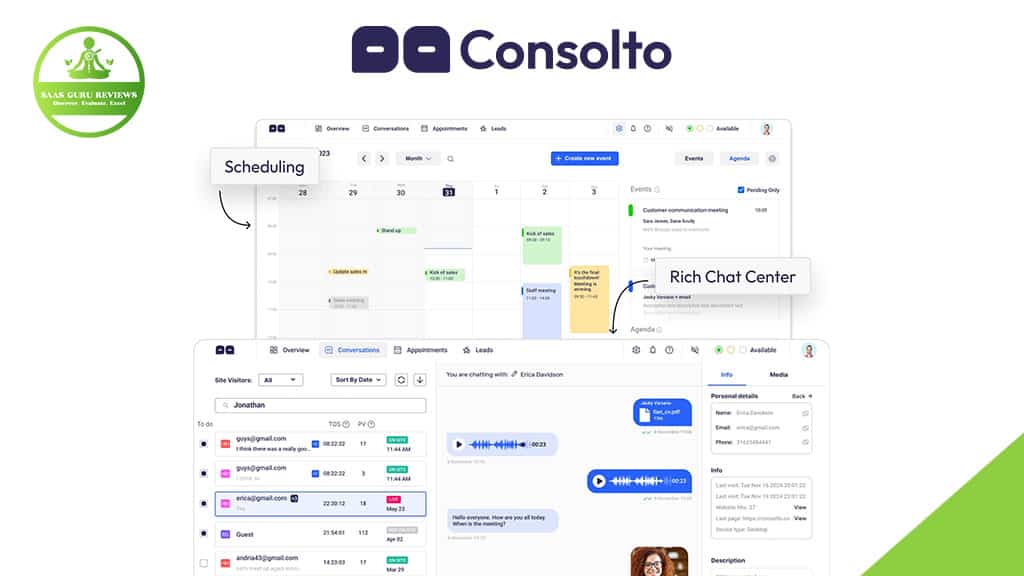 Screenshot of the Consolto platform showing a calendar for scheduling appointments and a chat interface labeled as "Rich Chat Center" for seamless customer interactions, with the SaaS Guru Reviews logo in the corner.