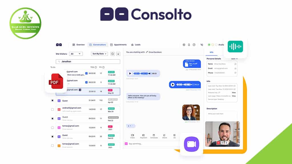 Screenshot of Consolto’s interface displaying chat conversations, audio messages, contact details, and a video chat window, with the SaaS Guru Reviews logo in the top left corner—streamlining customer interactions seamlessly.
