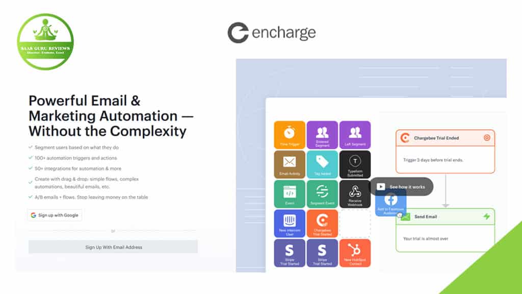 Screenshot of Encharge's website showcasing email marketing automation features, a visual flowchart illustrating the customer journey, and a user-friendly sign-up form.