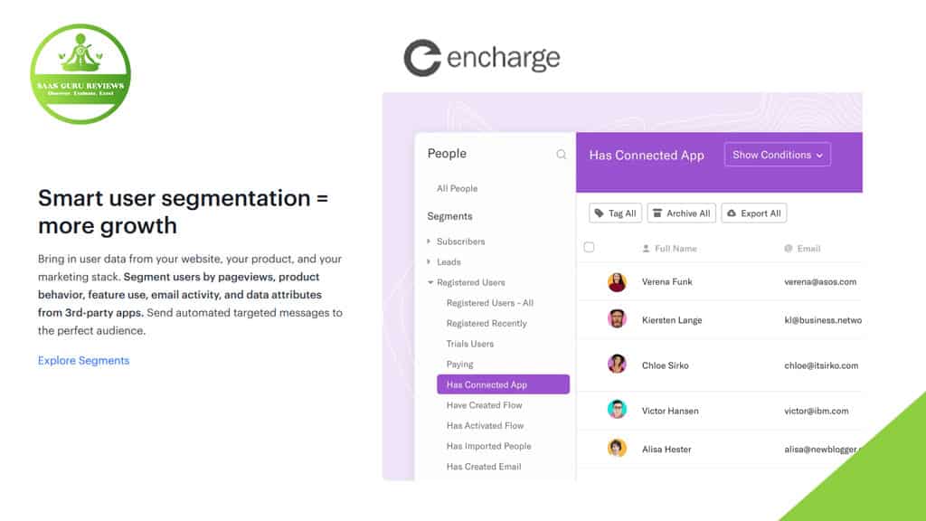 Screenshot of a marketing page in Encharge highlighting user segmentation features for email marketing automation, with a sidebar menu, user list, and a “Has Connected App” filter to optimize the customer journey.
