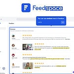 Screenshot of the Feedspace interface showing a reviews section with user ratings, comments, and options for video testimonials or text testimonials, along with navigation steps and prominent Feedspace branding at the top.