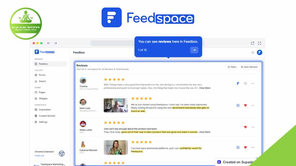 Screenshot of the Feedspace interface showing a reviews section with user ratings, comments, and options for video testimonials or text testimonials, along with navigation steps and prominent Feedspace branding at the top.
