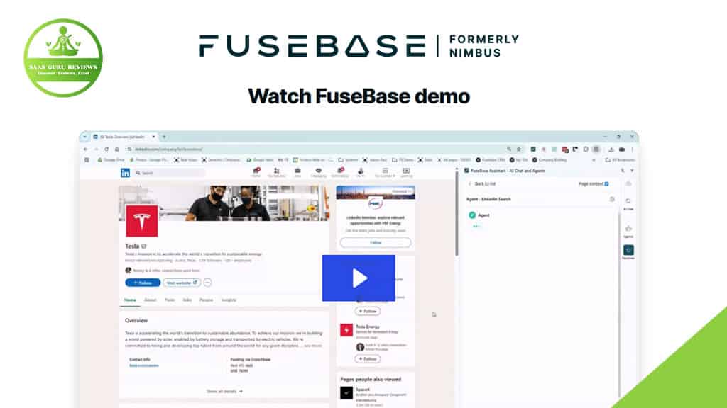 Screenshot of a FuseBase (formerly Nimbus) demo showing a LinkedIn page for Tesla, featuring a blue play button overlay and the SaaS Guru Reviews logo in the top left corner—highlighting its AI-powered workspace for seamless collaboration.