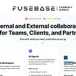 Fusebase (formerly Nimbus) website homepage showcases an AI-powered workspace designed for seamless internal collaboration and secure external collaboration with teams, clients, and partners, plus details on advanced AI agent features.