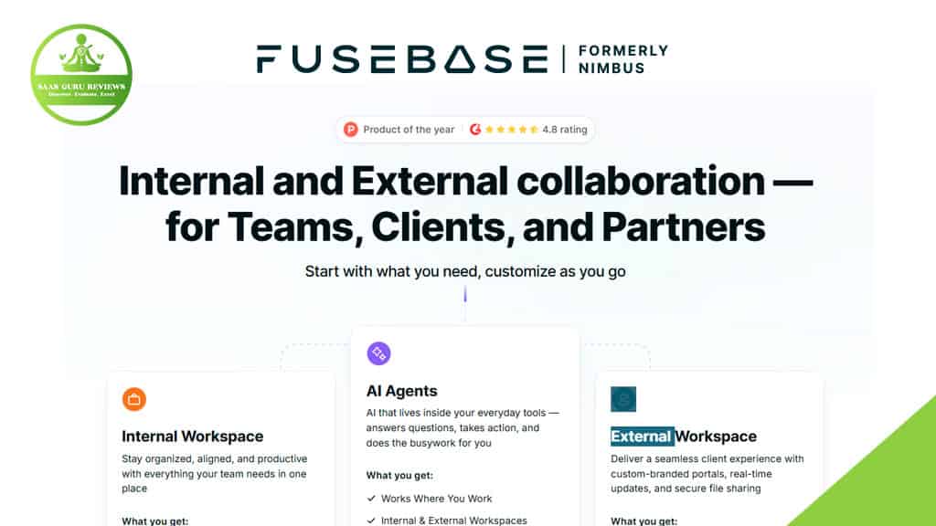 Fusebase (formerly Nimbus) website homepage showcases an AI-powered workspace designed for seamless internal collaboration and secure external collaboration with teams, clients, and partners, plus details on advanced AI agent features.