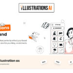 A website landing page for IllustrationsAI, offering custom AI illustrations tailored to your brand with easy export options in SVG, PNG, AI, or EPS formats.