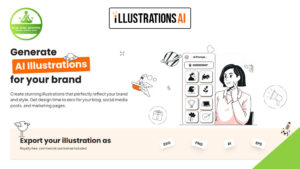 A website landing page for IllustrationsAI, offering custom AI illustrations tailored to your brand with easy export options in SVG, PNG, AI, or EPS formats.
