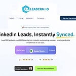 Screenshot of the LeadCRM.io website homepage highlighting LinkedIn leads syncing, seamless CRM integration, user ratings, and options to get a free account or install the Chrome Web Store extension.