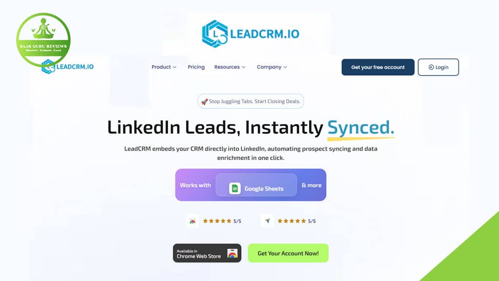 Screenshot of the LeadCRM.io website homepage highlighting LinkedIn leads syncing, seamless CRM integration, user ratings, and options to get a free account or install the Chrome Web Store extension.