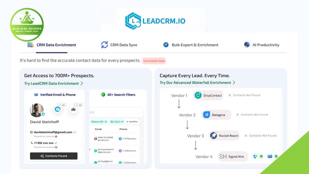Screenshot of the LeadCRM.io platform showing CRM features like LinkedIn leads enrichment, data sync, bulk export, lead capture, vendor comparison charts, and a user profile preview—all powered by an advanced AI tool.