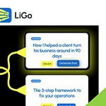 A screenshot of the LiGo platform highlights consultant case studies, options to boost LinkedIn Presence with the AI LinkedIn Post Generator, and business improvement frameworks. The SaaS Guru Reviews logo appears in the top left corner.
