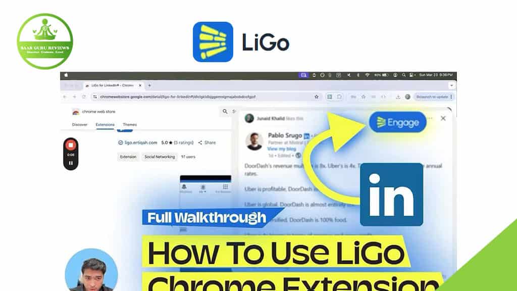 Screenshot showing a guide titled "How To Use LiGo Chrome Extension" with LinkedIn and Engage logos, and a browser window displaying the LIGO AI LinkedIn Post Generator in action to boost your LinkedIn presence.