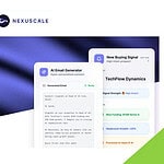 Homepage of Nexuscale.ai, featuring a headline about selling smarter with autonomous sales agents, a call-to-action button, and sample AI-generated email and sales signal cards on the right for your sales team.