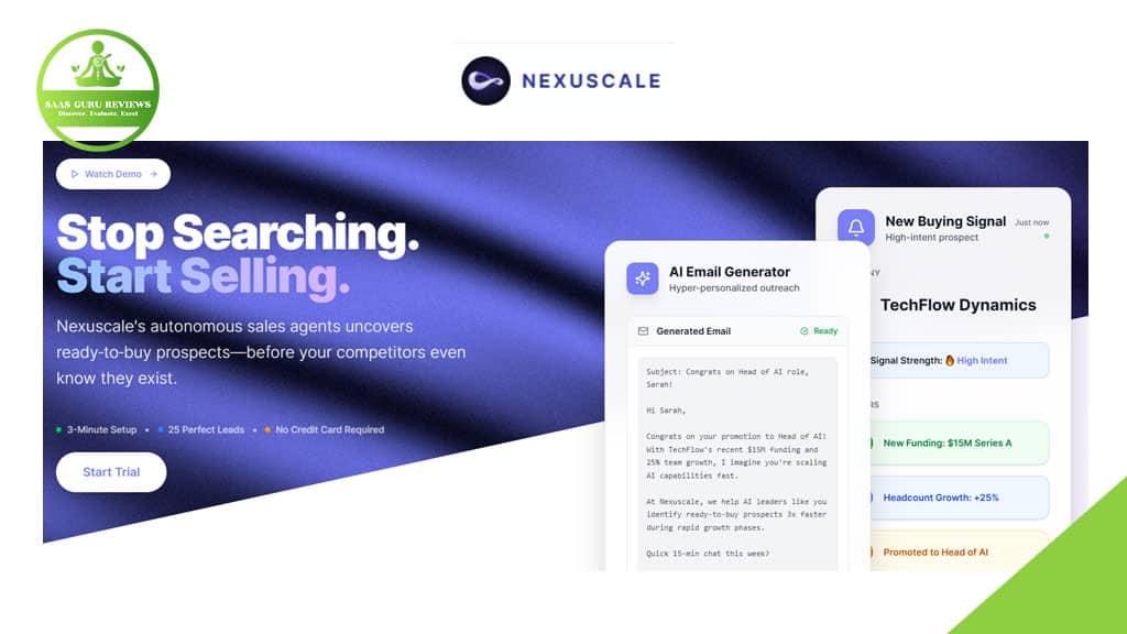 Homepage of Nexuscale.ai, featuring a headline about selling smarter with autonomous sales agents, a call-to-action button, and sample AI-generated email and sales signal cards on the right for your sales team.