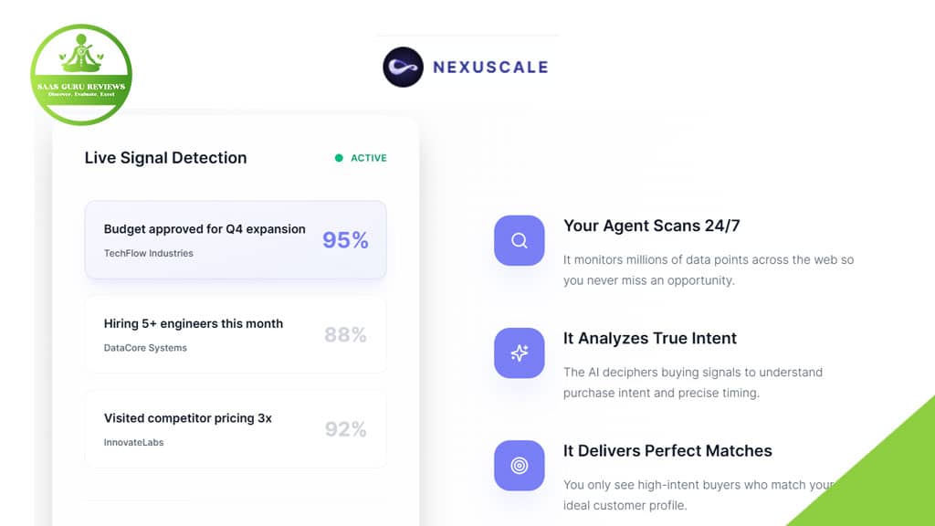 A dashboard shows live signal detection with approval ratings, alongside Nexuscale.ai’s features like 24/7 scanning, intent analysis, and customer matching—helping your sales team start selling smarter.