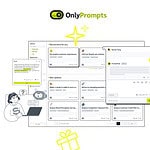 Screenshot of the OnlyPrompts dashboard featuring prompt cards, icons, and illustrations, including a robot, a person with a laptop, and decorative yellow elements—an inside look at this AI Prompt Library designed to boost productivity.