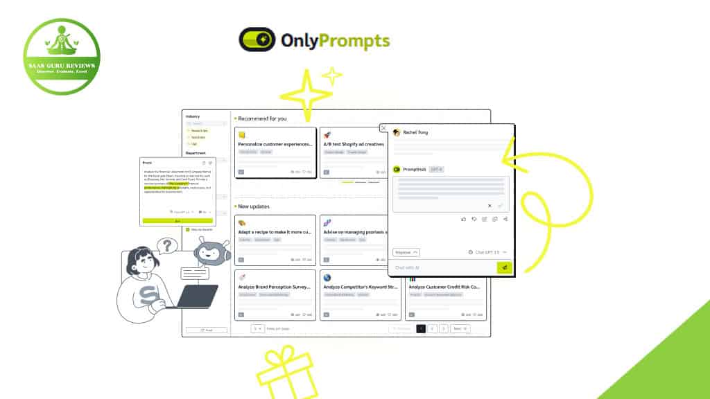 Screenshot of the OnlyPrompts dashboard featuring prompt cards, icons, and illustrations, including a robot, a person with a laptop, and decorative yellow elements—an inside look at this AI Prompt Library designed to boost productivity.