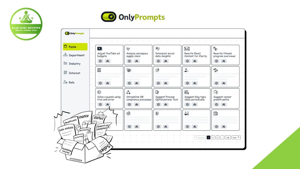 Screenshot of the OnlyPrompts web interface showing prompt packs and individual prompts, with a cartoon toolbox labeled with business terms in the bottom left corner, highlighting its AI Prompt Library for enhanced productivity.