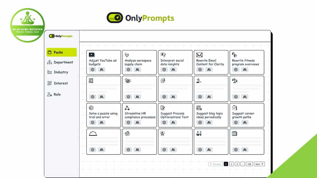 Screenshot of the OnlyPrompts interface showing various prompt cards under the "Packs" section, highlighting its AI Prompt Library for Productivity, with categories such as career, industry, and department listed on the left side.