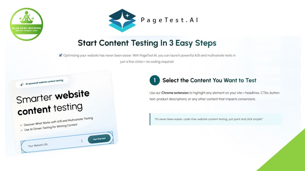 Screenshot of PageTest.ai website showing steps for starting AI-powered website testing, including selecting content to test using a Chrome extension, with a green logo in the top left corner.