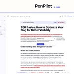 Screenshot of a PenPilot website page displaying an article titled "SEO Basics: How to Optimize Your Blog for Better Visibility," with text highlighted and sidebar tools visible—showcasing how PenPilot AI helps you write smarter and transform your ideas.
