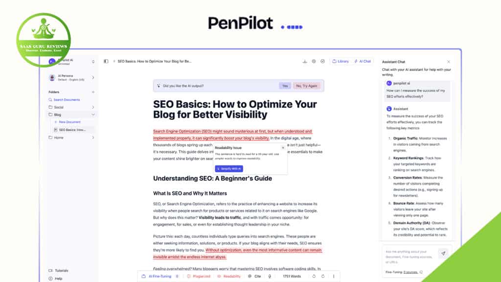 Screenshot of a PenPilot website page displaying an article titled "SEO Basics: How to Optimize Your Blog for Better Visibility," with text highlighted and sidebar tools visible—showcasing how PenPilot AI helps you write smarter and transform your ideas.