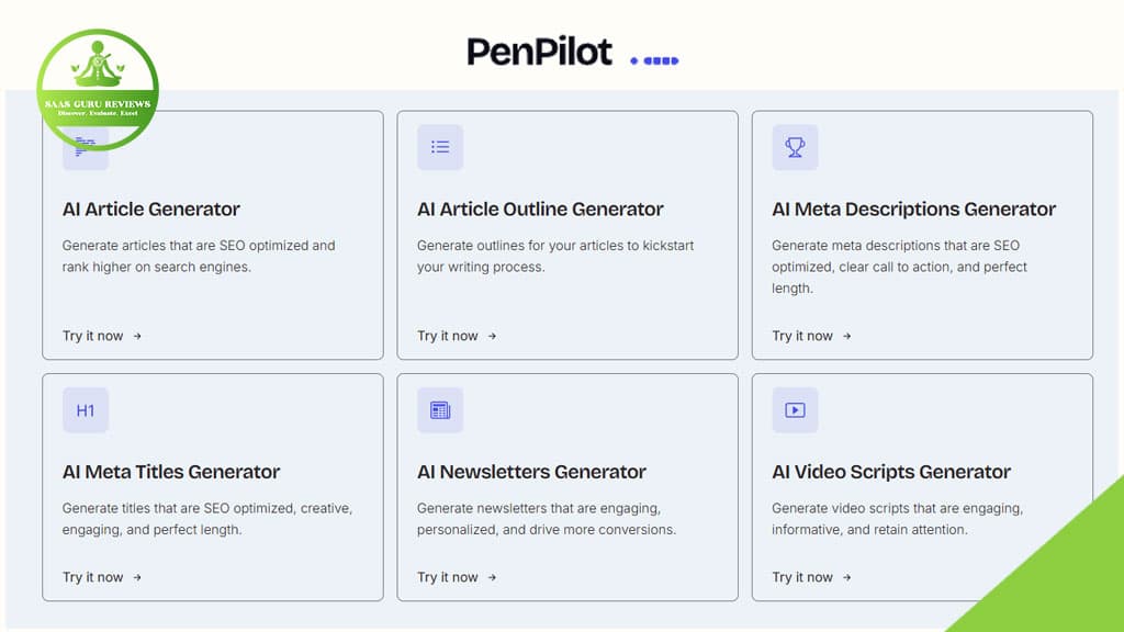 Screenshot of the PenPilot AI interface showing six tools to help you write smarter, including generators for articles, outlines, meta descriptions, titles, newsletters, and video scripts—perfect to transform your ideas into compelling content.