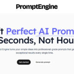 Screenshot of the PromptEngine homepage showcasing the headline "Craft Perfect AI Prompts in Seconds, Not Hours," with prompt tool buttons labeled "Get started" and "Generate prompt.