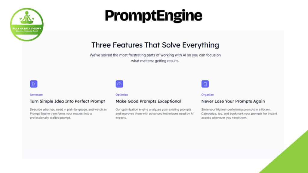 Screenshot of a webpage for PromptEngine showcasing three features: Generate, Optimize, and Store AI prompts, each with a short description under respective icons.