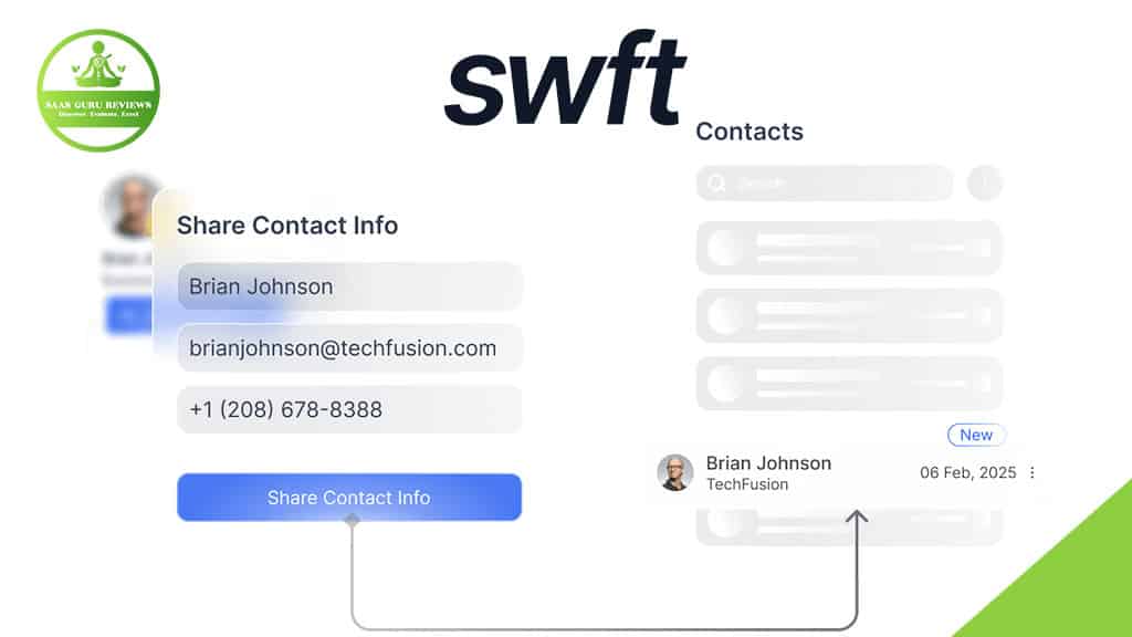 A digital business card interface from SWFT Connect displays Brian Johnson's contact details, including email and phone number, with options to share business card info and view contacts.