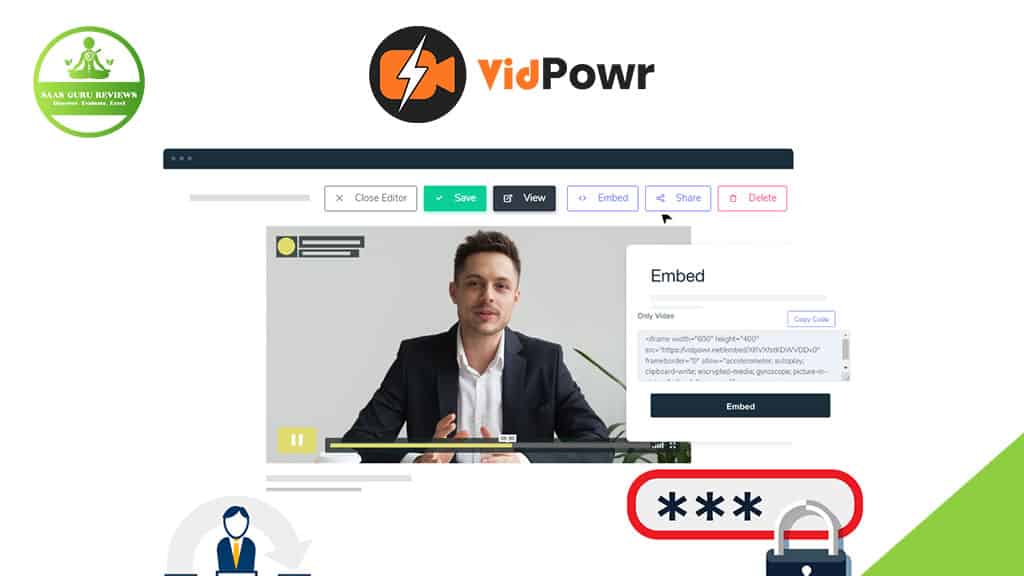 A man in a suit speaks in a VidPowr 2025 video player, featuring interactive video tools and options for saving, viewing, editing, sharing, or deleting to help you create video experiences with ease.